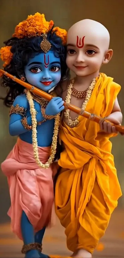 Deities in vibrant attire mobile wallpaper with orange and blue hues.