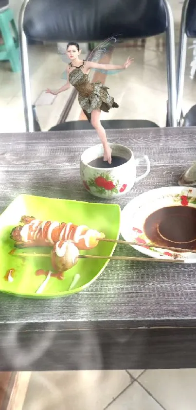 Whimsical scene with coffee and fairy on table.