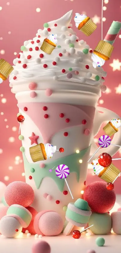 Whimsical dessert wallpaper with pastel cupcakes and candies.