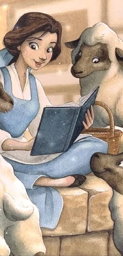 Charming Disney storybook scene with a girl reading to sheep.