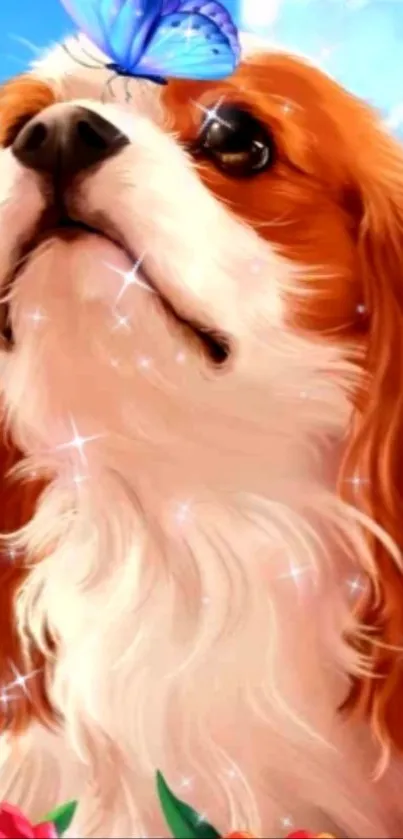 Cute dog with a butterfly on its nose in a whimsical setting.