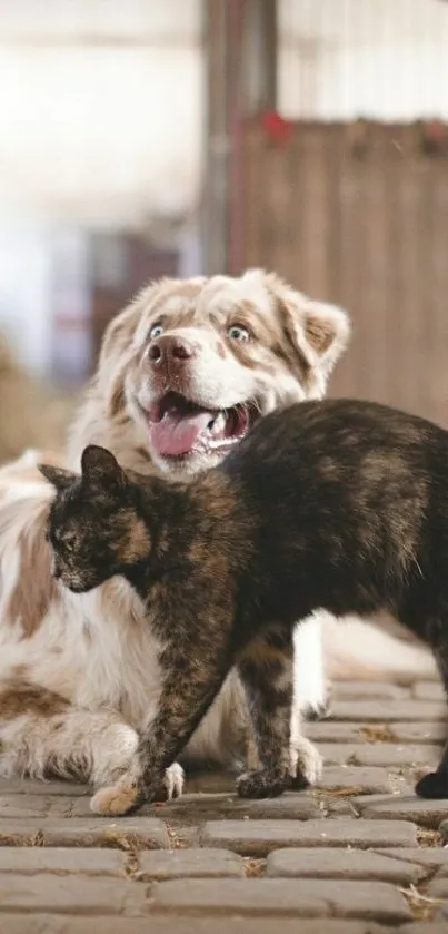 Charming dog and cat on rustic walkway.