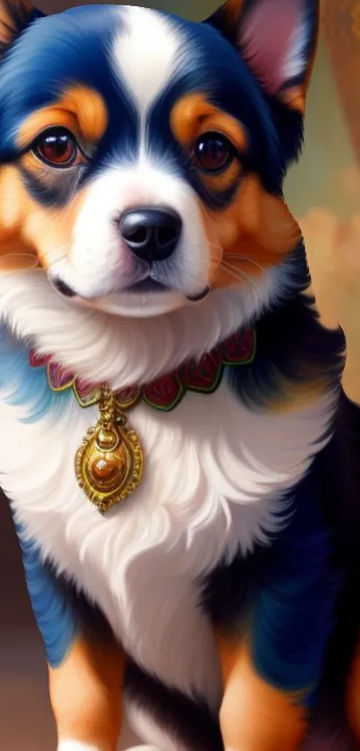 Digitally painted puppy with a decorative collar in vibrant colors.