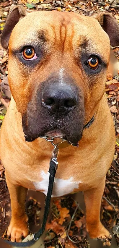 Brown dog with leash amidst autumn leaves.