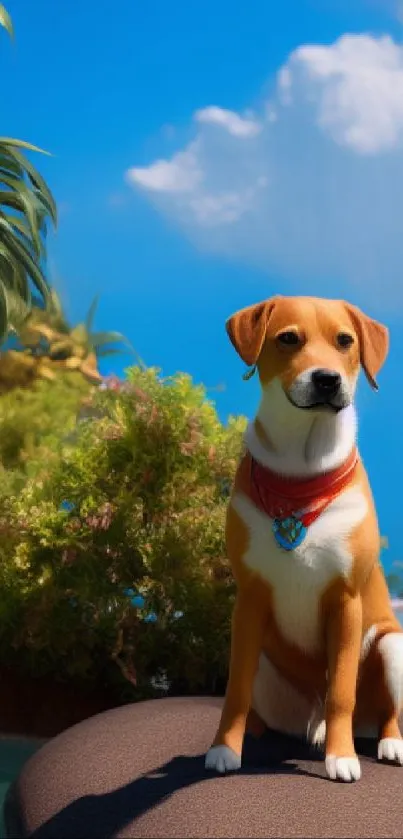 Charming dog by a tropical oasis with blue sky and lush greenery.