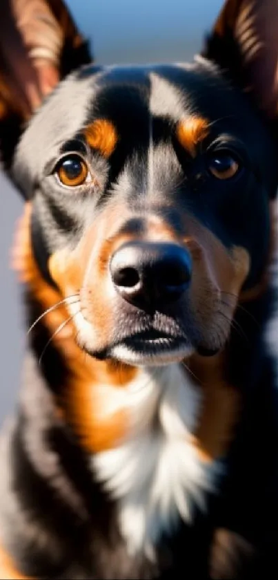 Close-up of a charming black and tan dog with expressive eyes.