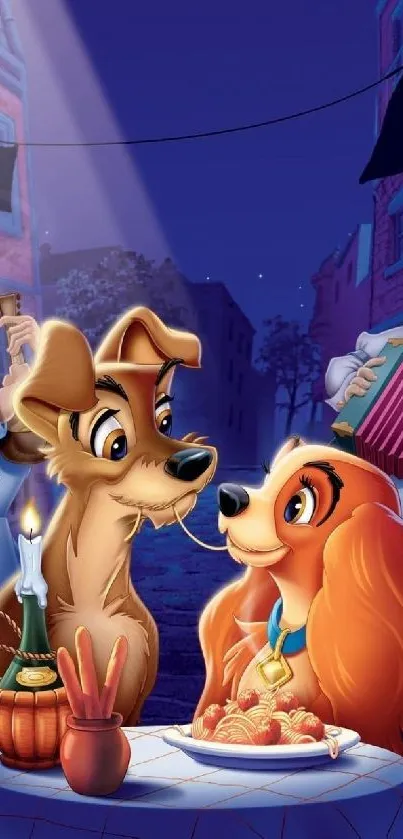Animated dogs sharing a romantic dinner.