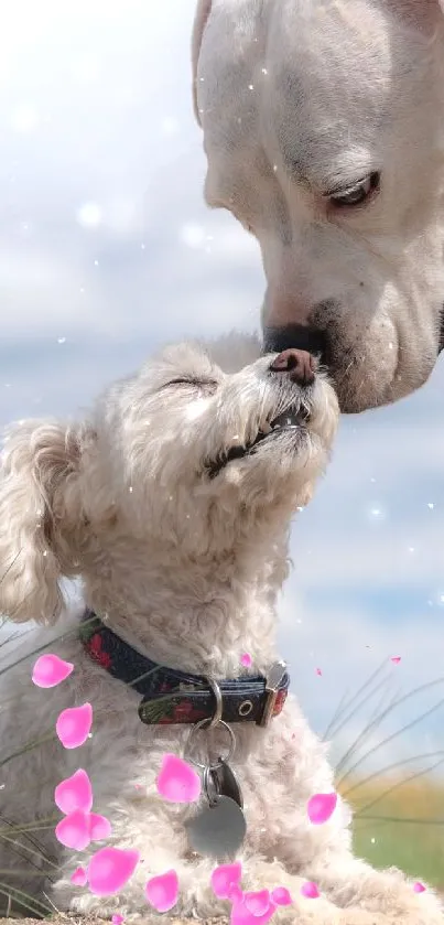 Two adorable dogs in a scenic outdoor setting, perfect for a mobile phone wallpaper.