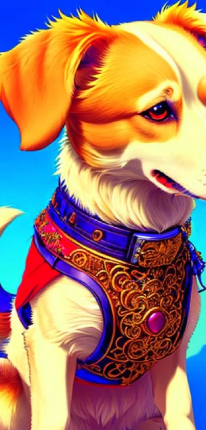 Charming dog with colorful armor on blue background.