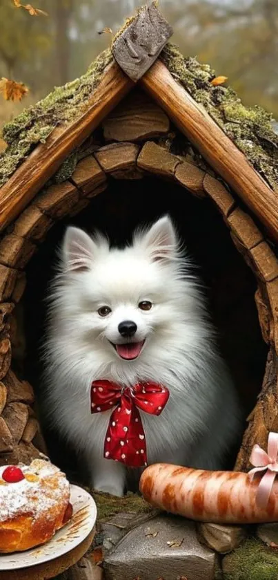 Fluffy white dog with red bow in rustic wooden cottage.