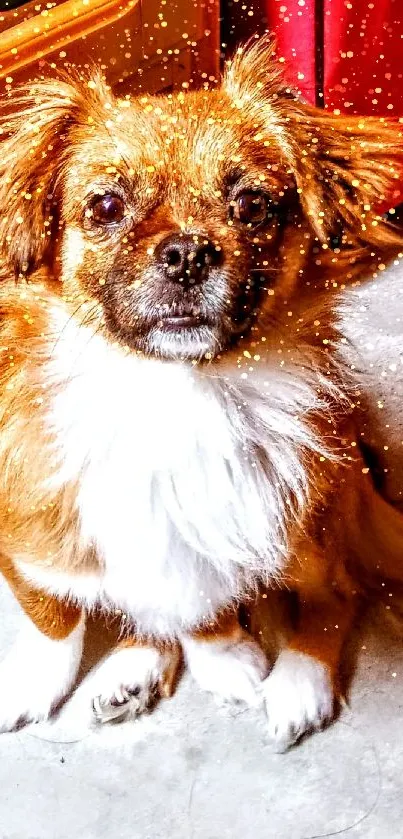 Adorable dog sitting in a cozy room, vibrant brown tones.