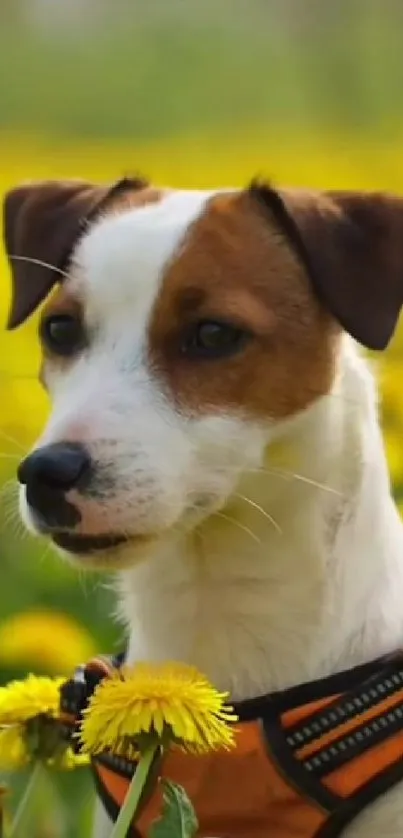 Jack Russell Terrier in a field of yellow dandelions.