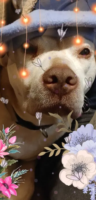 A cute dog wearing a hat with floral decorations and glowing lights.