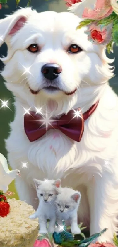 Fluffy white dog with red bowtie in a floral garden.