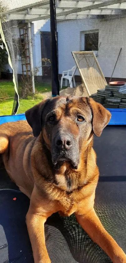 Brown dog lounging on trampoline in sunny backyard garden.