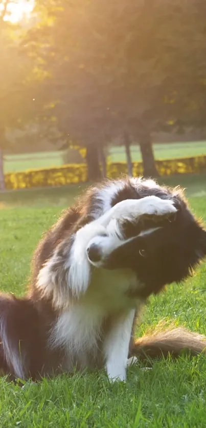 Dog sitting gracefully in sunlit park.