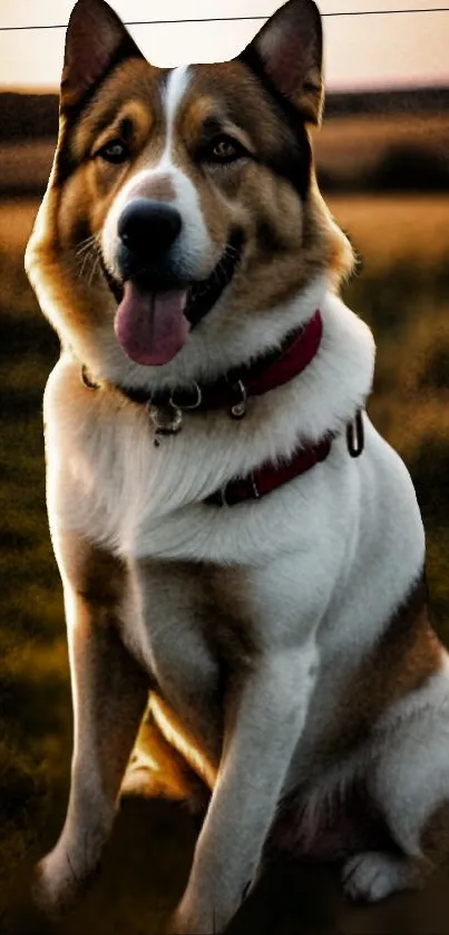 Charming dog sitting in sunset glow with a warm and inviting background.