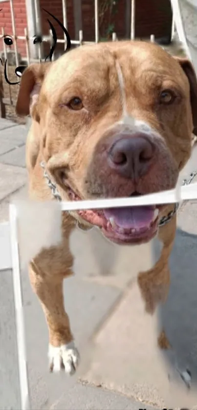 Friendly brown dog standing on urban pathway.