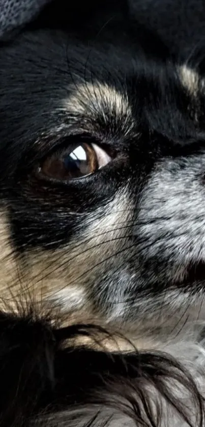 Close-up of a black and tan dog face on a mobile wallpaper.