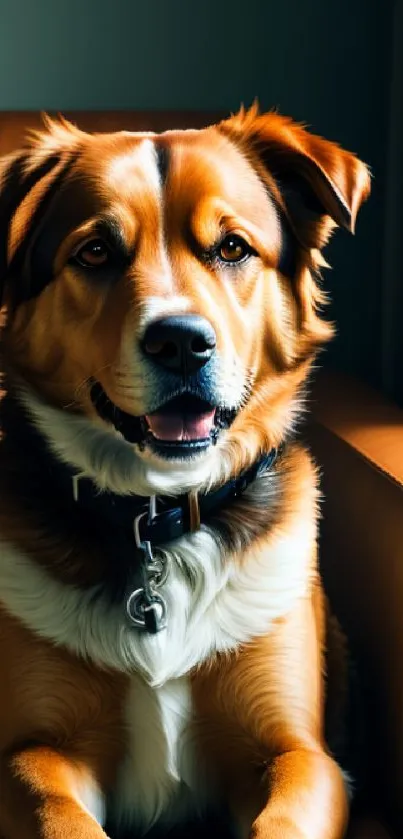 Charming dog resting on brown leather chair, perfect for wallpaper.