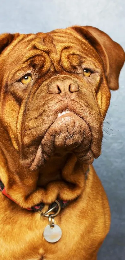 Charming brown dog against a soft blue background.