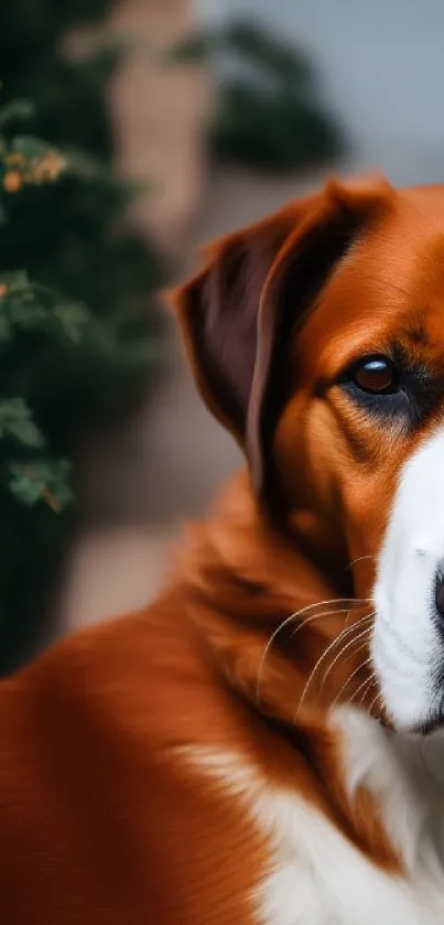 Close-up of a charming brown and white dog in a natural setting.