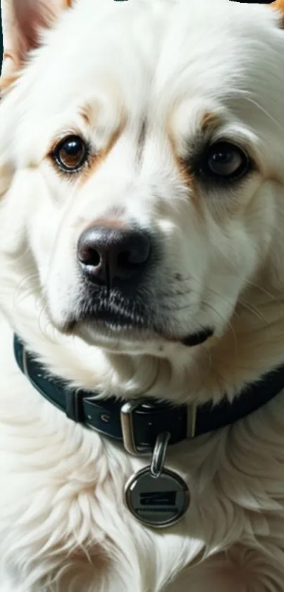 Fluffy white dog with black collar gazing softly.