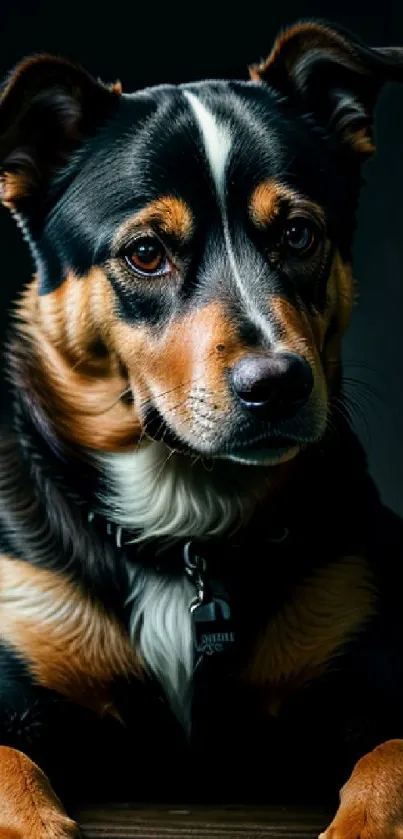 Adorable dog portrait with expressive eyes and sleek fur on a mobile wallpaper.