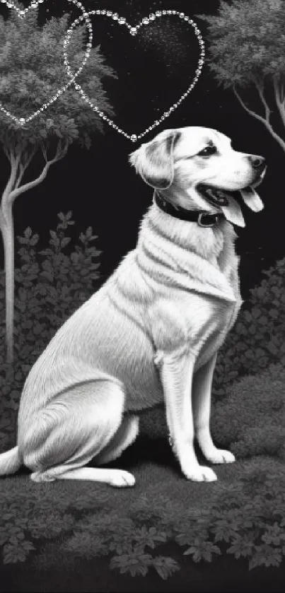 Black and white dog with heart motifs on a nature-inspired background.