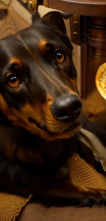 Dog resting under warm glowing light.