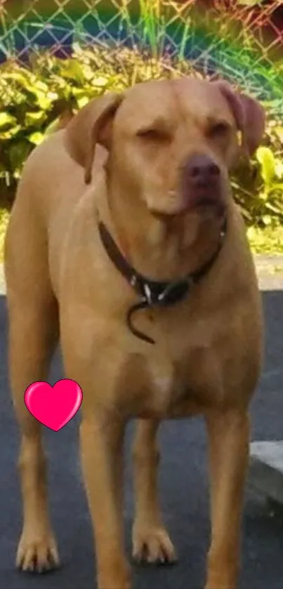 Mobile wallpaper featuring a brown dog with a pink heart in a green and rainbow backdrop.