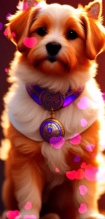 Fluffy orange dog wearing a blue medallion, set against a warm background.