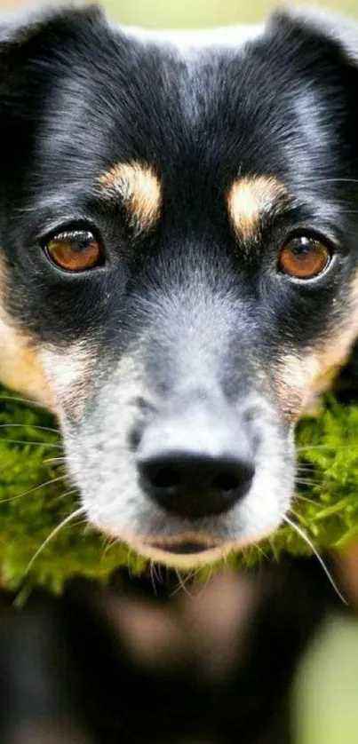 A cute dog with a mossy collar looking inquisitively.