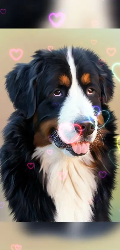 Charming dog with neon hearts mobile wallpaper.