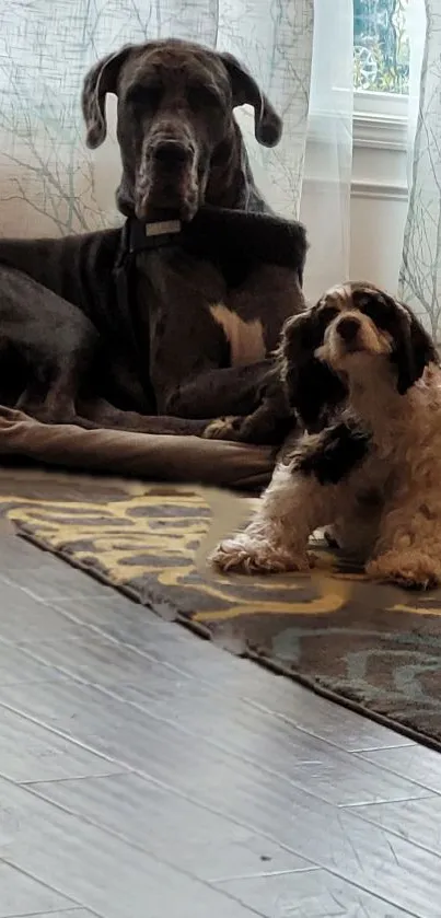 Two dogs relaxing by a sunlit window on a cozy rug.