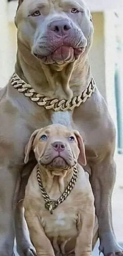 Two adorable dogs with gold chains.