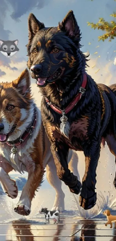 Two dogs joyfully run on a shiny path with a scenic autumn backdrop.