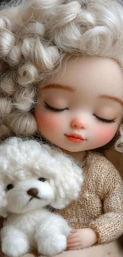 Cute doll with curly hair holding a fluffy white puppy.