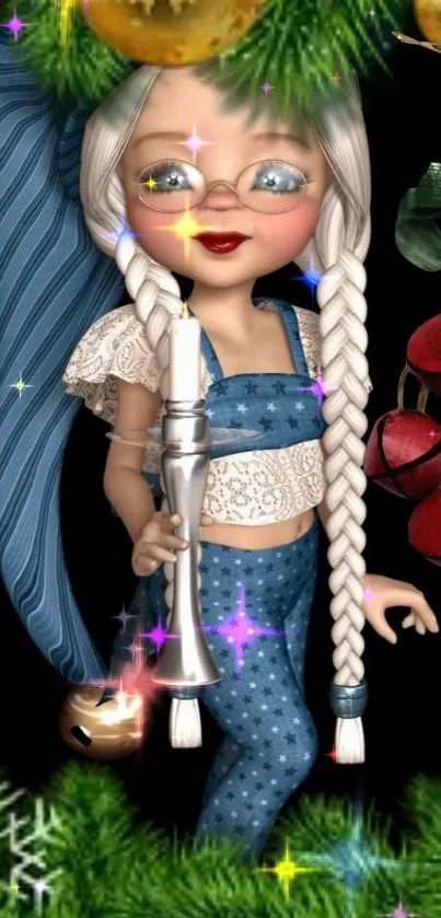 Whimsical doll with braids and a candle in festive attire on a magical background.