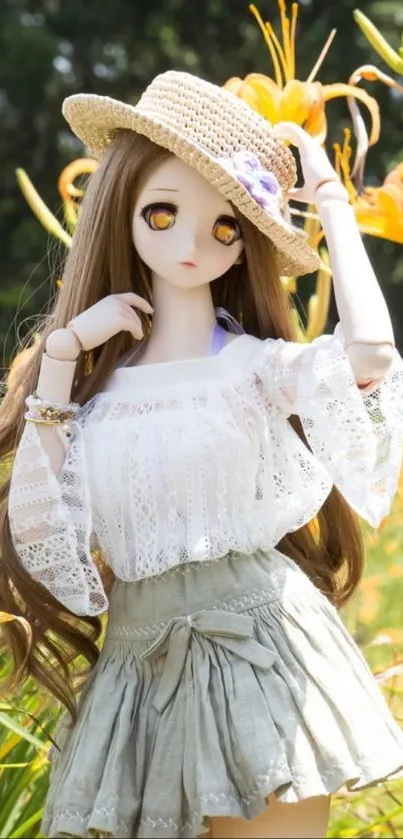 Charming doll in floral garden with stylish attire.