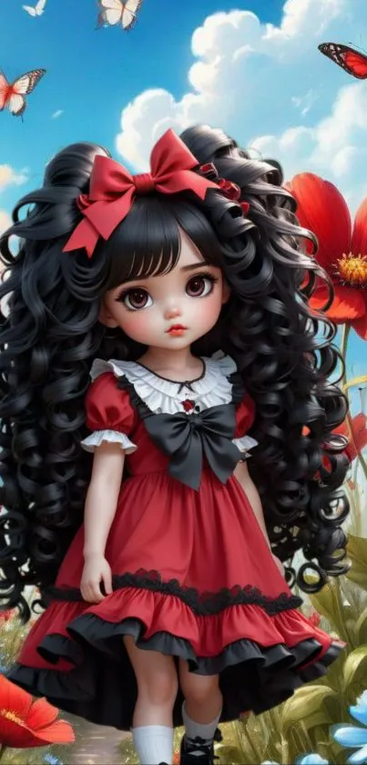 Doll with curly hair in red dress amidst flowers and butterflies.