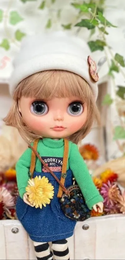 A charming doll with flowers in a nature-inspired setting.