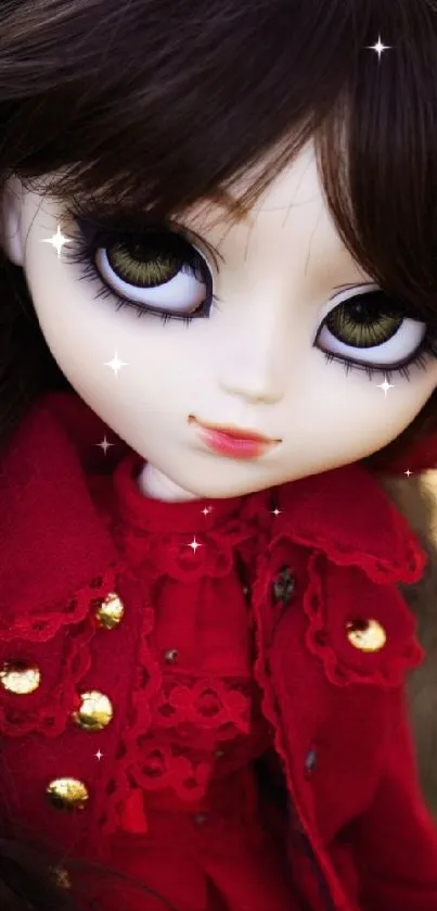 Charming doll with large eyes in elegant red attire for phone wallpaper.