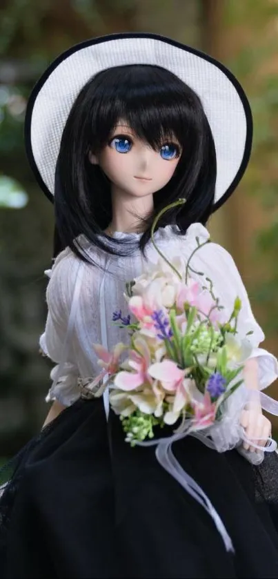 Black-haired doll with bouquet and hat.