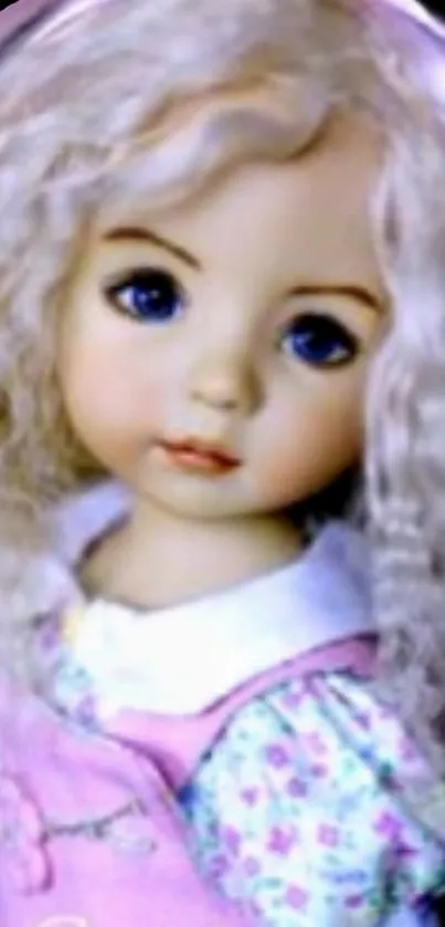 Charming doll portrait with curly hair and soft pastel colors.