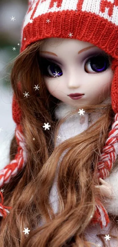 Doll with red knit hat in snow.