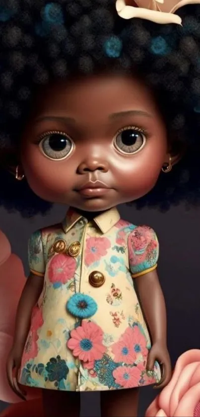 Charming doll with afro and floral dress in artful mobile wallpaper.