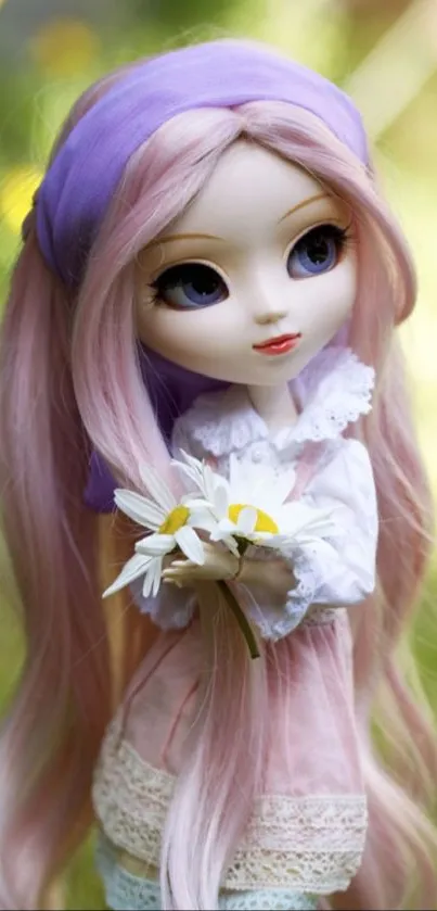 Charming doll in pink dress with flowers.