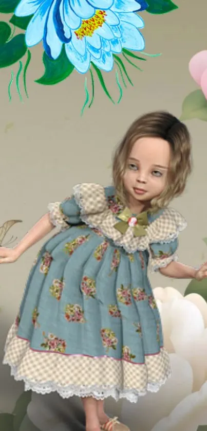 Cute doll in blue dress with flowers.