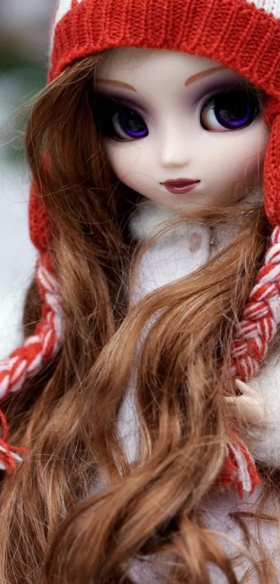 Captivating doll with red hat and long hair in winter setting.